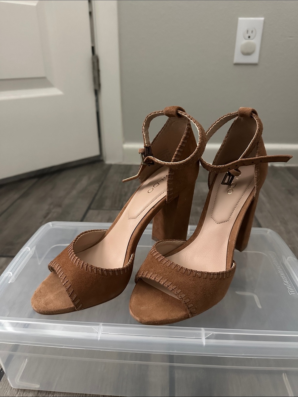 Aldo Tan Suede Ankle-Strap Block Heel Sandals